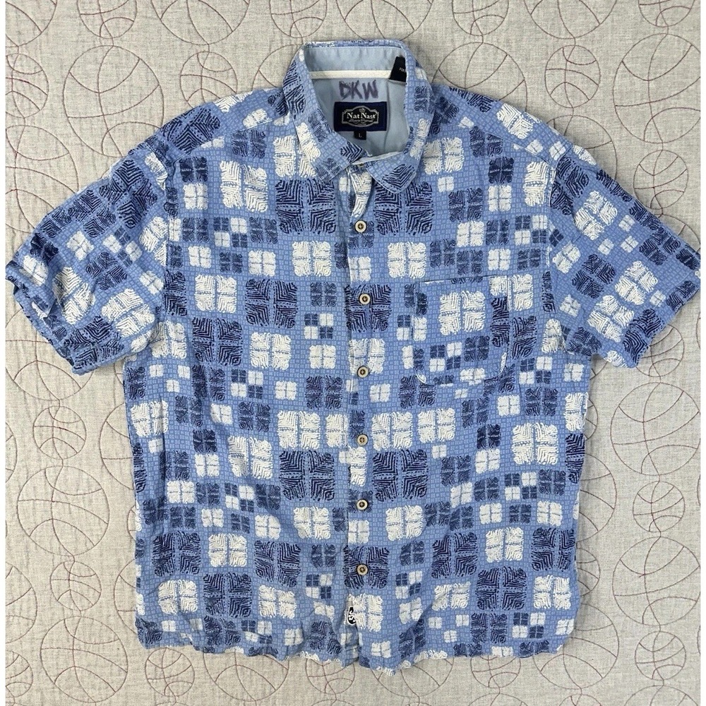 Nat Nast Camp Shirt Blue Geometric Silk Cotton / Mens L